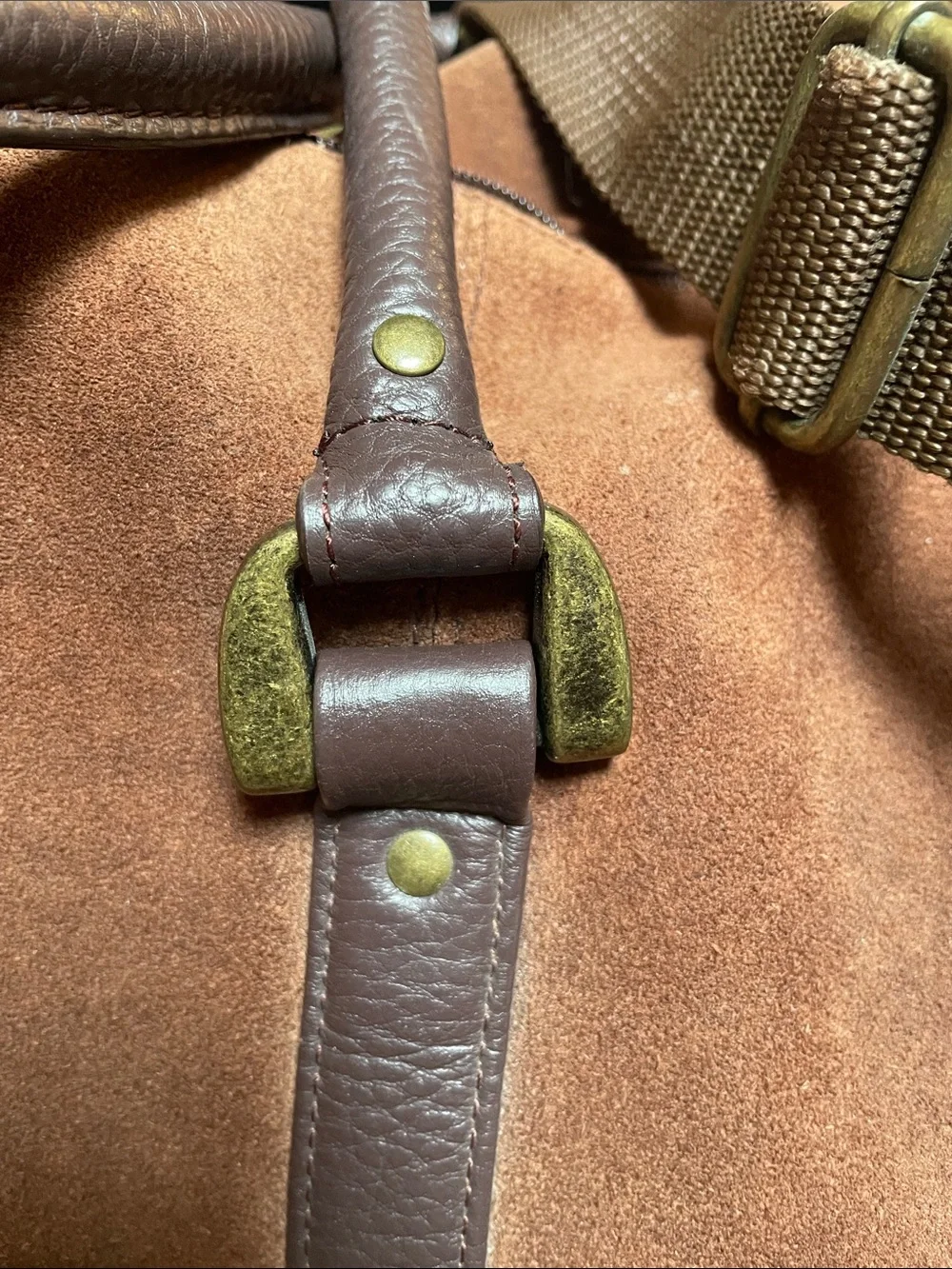 Vintage Large Hobo Shoulder Bag Suede Leather Trim Brass Fittings